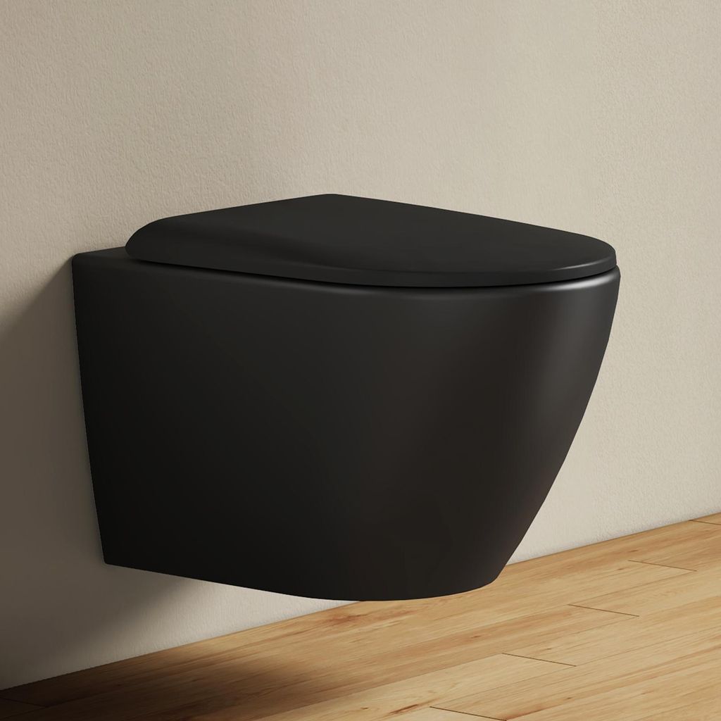 EMKE Hänge-WC spülrandlos Keramik Wassersparend Wandmontage Toilette mit Direktspülung Doppel-Loch-Gegenspülung Soft-Close Deckel Mattschwarz