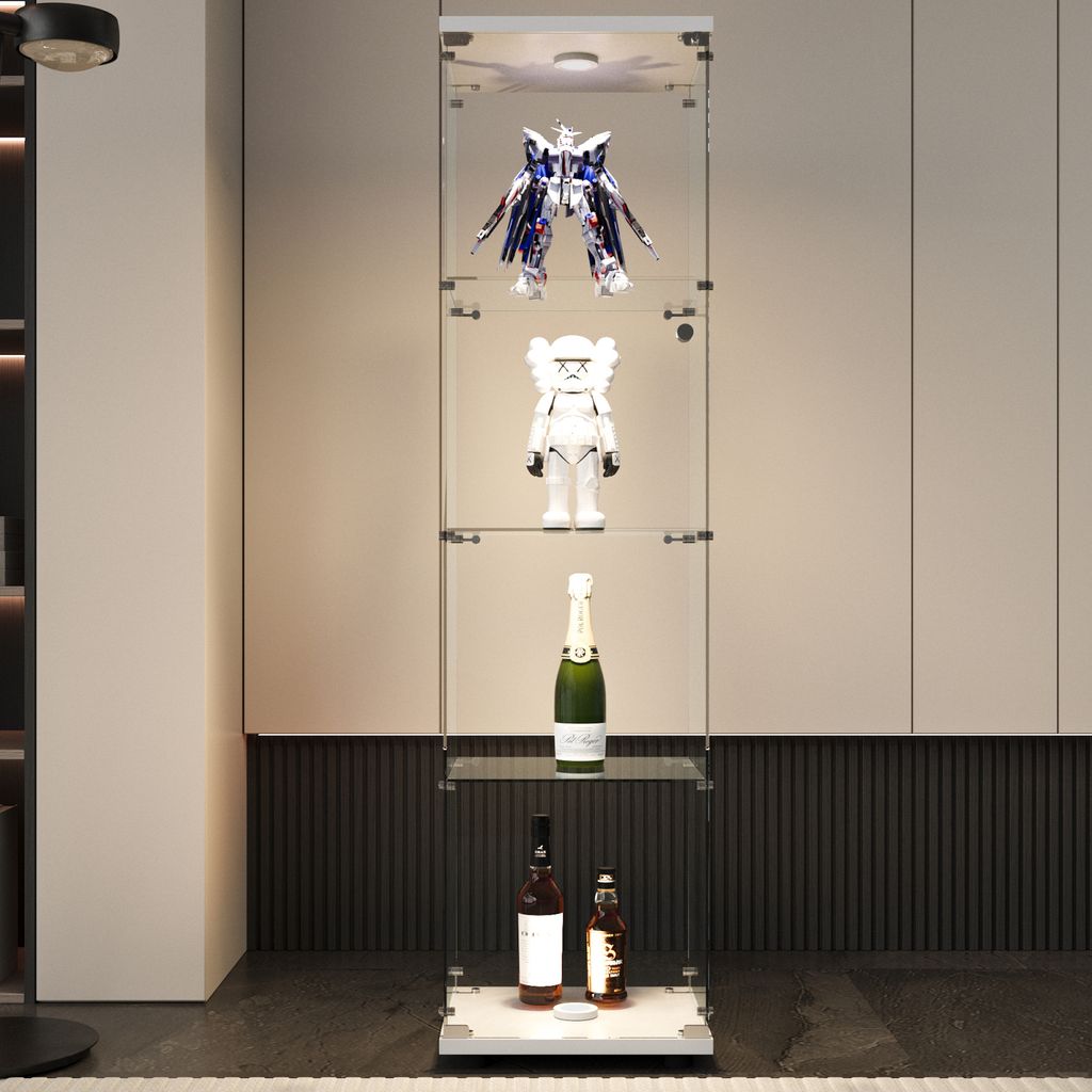 A display cabinet with various items on shelves, including toys, bottles, and a champagne bottle.