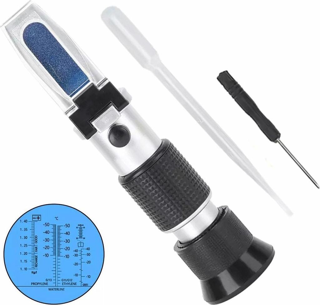 A refractometer for testing vehicle fluids, along with a pipette and a small screwdriver, is displayed against a white background.