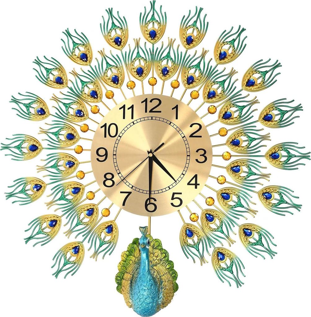 Moderne Luxus Pfau Wanduhr - Große Spiegel Wanduhr - Lautloses Quarzwerk - 60 cm Wanddekoration für Wohnzimmer Schlafzimmer - Bunt