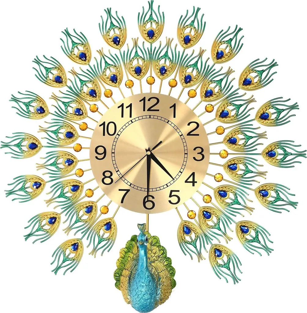 Horloge paon silencieuse 60 cm art déco blanche pour couloir et séjour