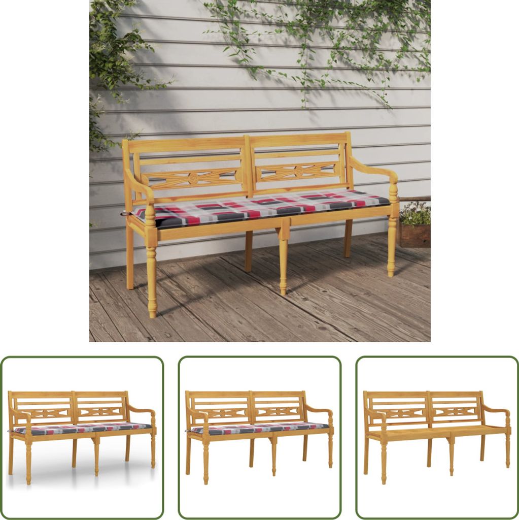 The Living Store Batavia-Bank mit Kissen Rot Karomuster 150 cm Massivholz Teak