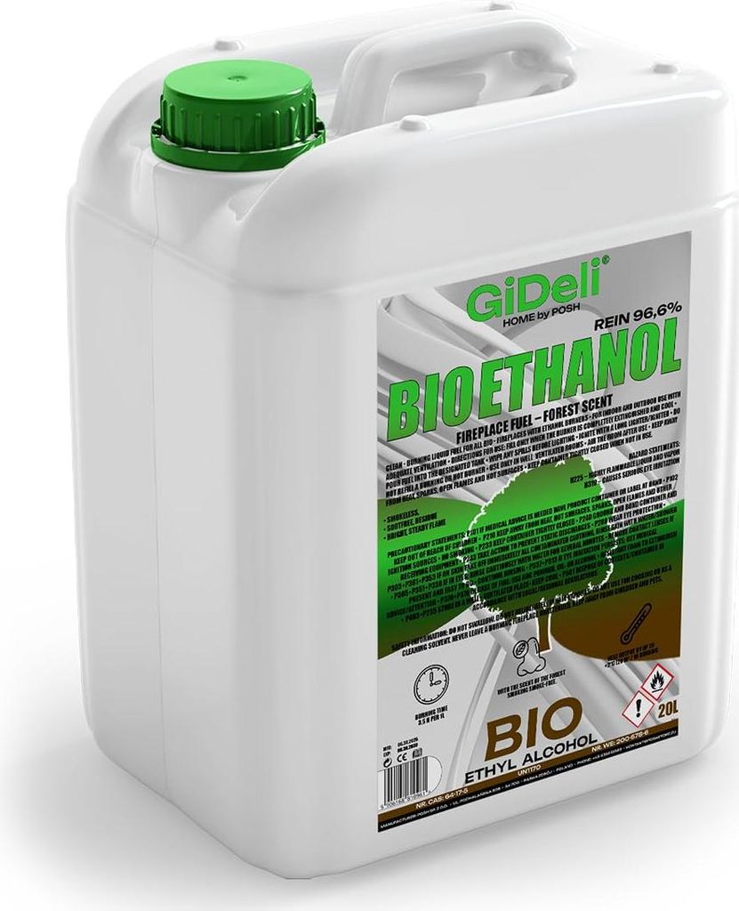 Bioethanol Waldduft 96,6% 20L für Kamin Universal Rauchfrei und Rußfrei GiDeli