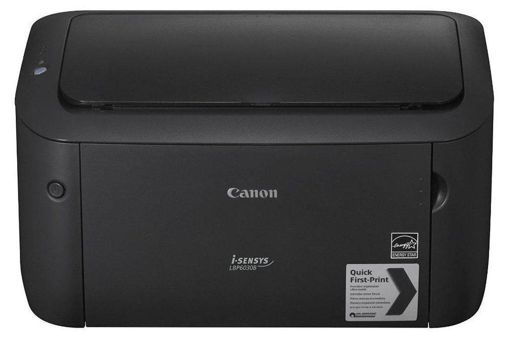 A black Canon i-SENSYS LBP6030B printer is shown from the front on a white background.