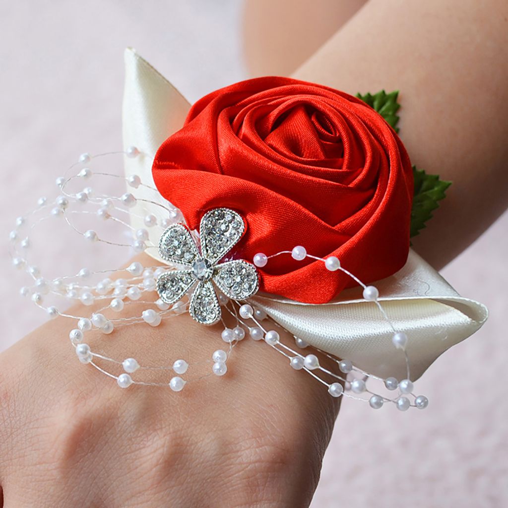 Brautjungfer Schwestern Armband Corsage Blumen Ribbon Strasshochzeitszubehör-Rot