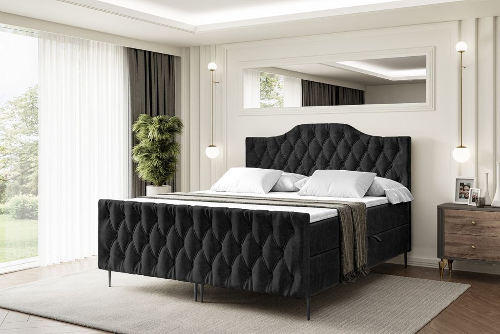 ALTDECOR Boxspringbett mit Schwarz Füßen, Matratze und Lattenrost, Topper, Fußteil, Polsterbett mit Bettkasten, Bett mit Stauraum H4-Matratze, D...