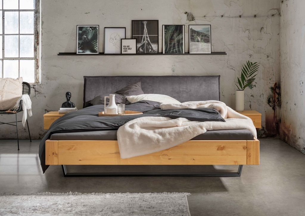 Bett Kiel 200x200 cm Kiefernholz Metall Grau Natur