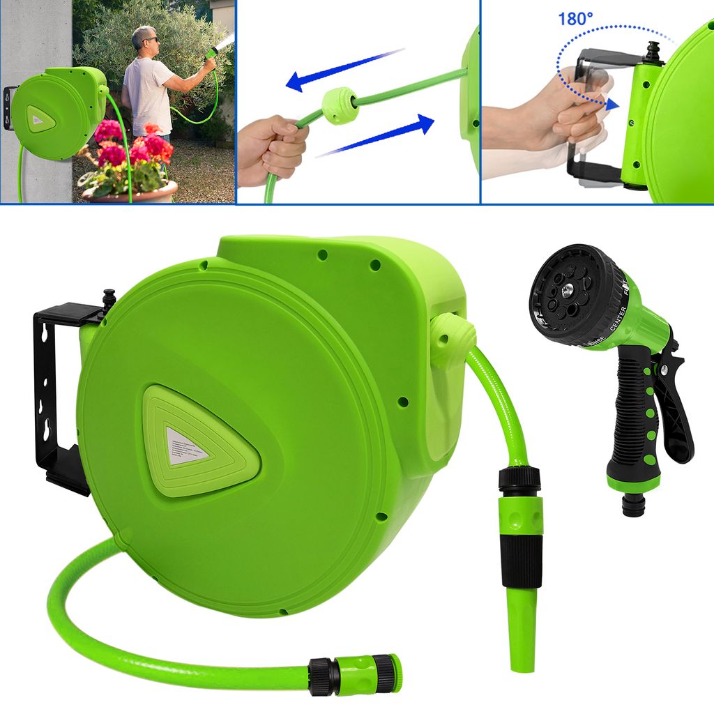 LZQ Schlauchtrommel 20m Schlauchaufroller Gartenschlauch mit Wasserpistole Aufroller automatisch 1/2" Anschluss Garten Schlauchbox, Grün