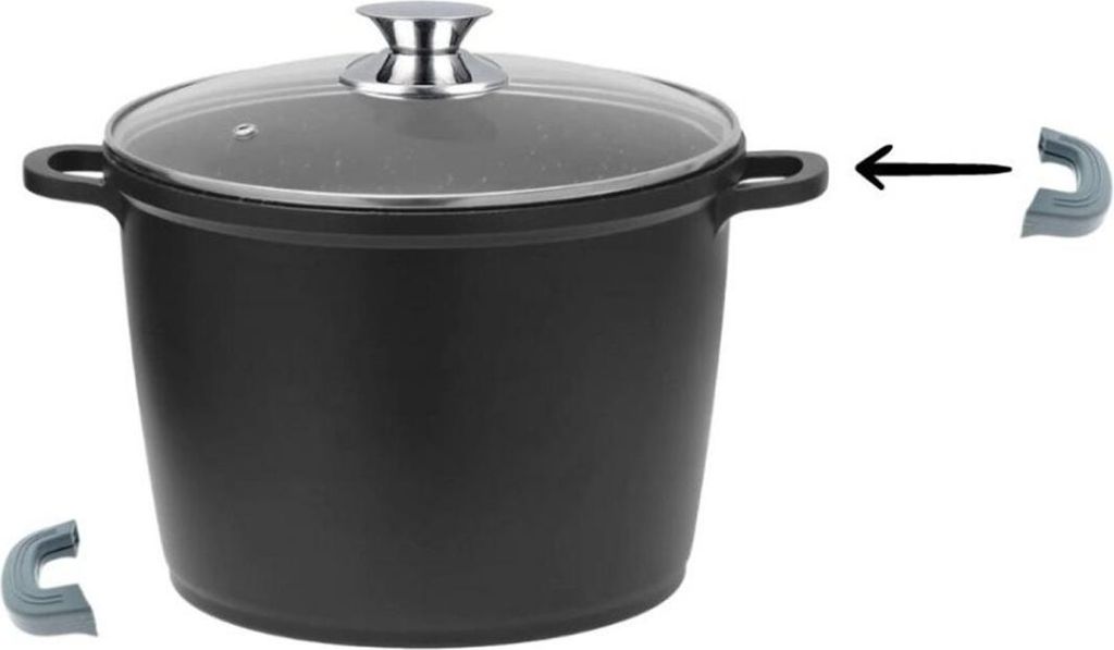 A black cooking pot with a glass lid and silver handle, shown with two detachable gray silicone handles.