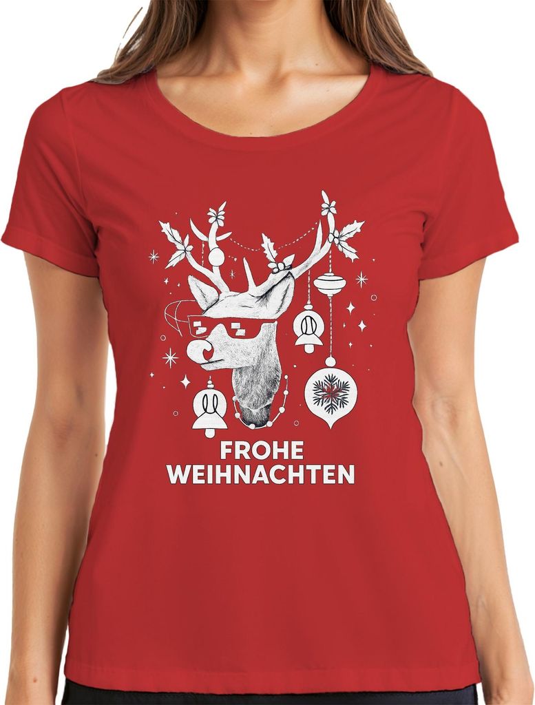 FROHE WEIHNACHTEN Rentier Sonnenbrille Hirsch Weihnachtskugeln Damen T-Shirt, Rot, XXL