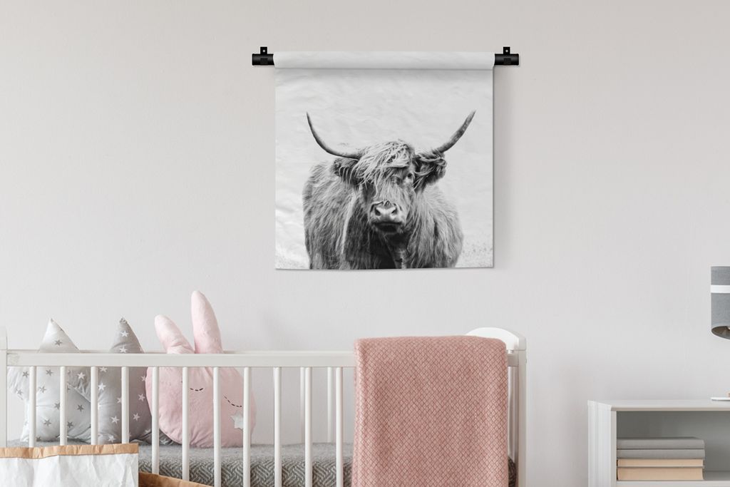 MuchoWow Wandteppich Wandbehang Schottisches Hochlandrind - Porträt - Schwarz - Weiß 60x60 cm Tapisserie Dekoration Wandtuch - Dekorationen - W...