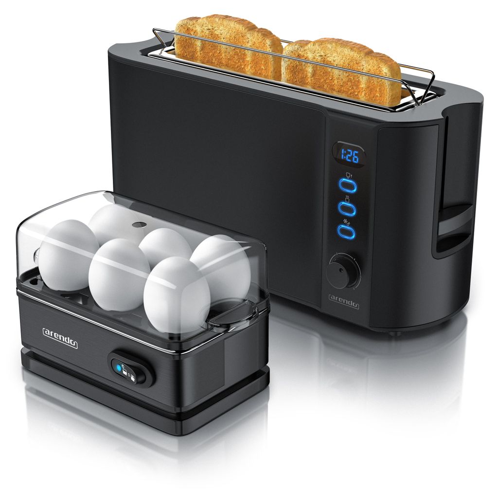 A black toaster and a black egg cooker with white eggs are displayed on a white background.
