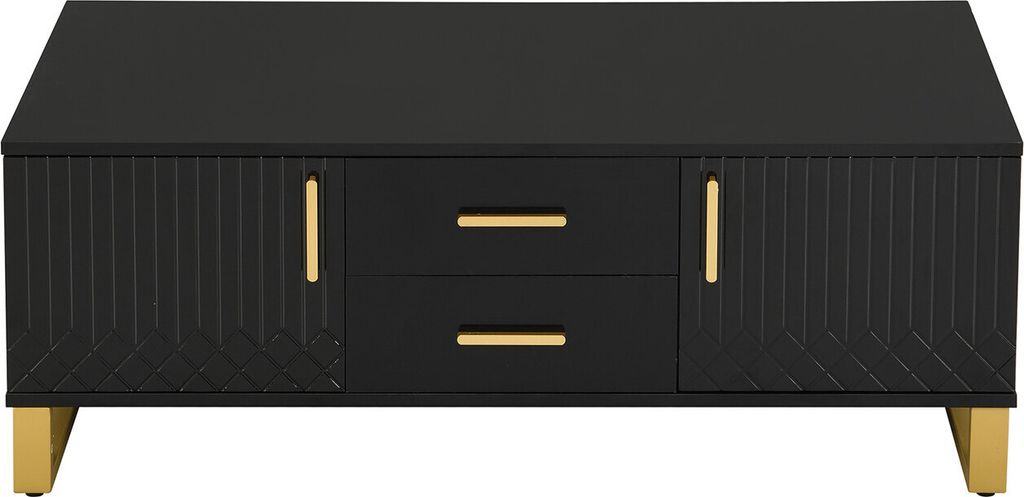 Couchtisch(Schwarz)Hochglanz-Couchtisch mit Schubladen, goldenen Griffen und Beinen. Mit offenem Staufach und speziellem Türverkleidungsdesign