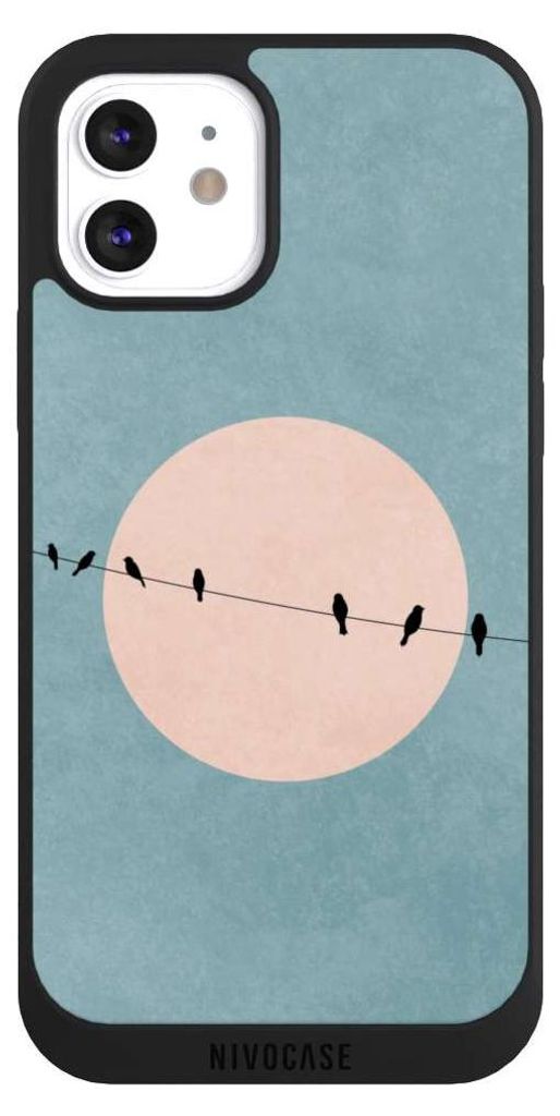 NIVOCASE Handyhülle für Apple iPhone 12 Hülle NIVOpure Case Schwarz Mond Vogel türkis