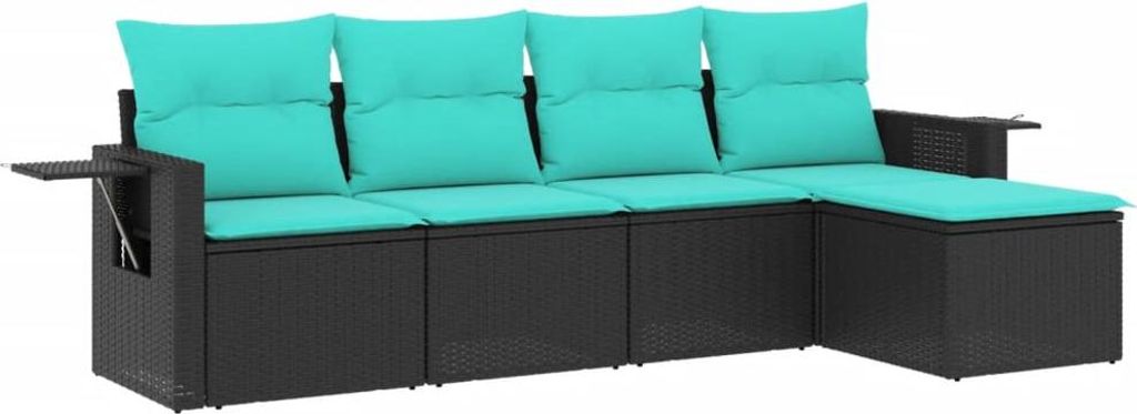 5-teiliges Gartensofa-Set mit Kissen, schwarzes Polyrattan