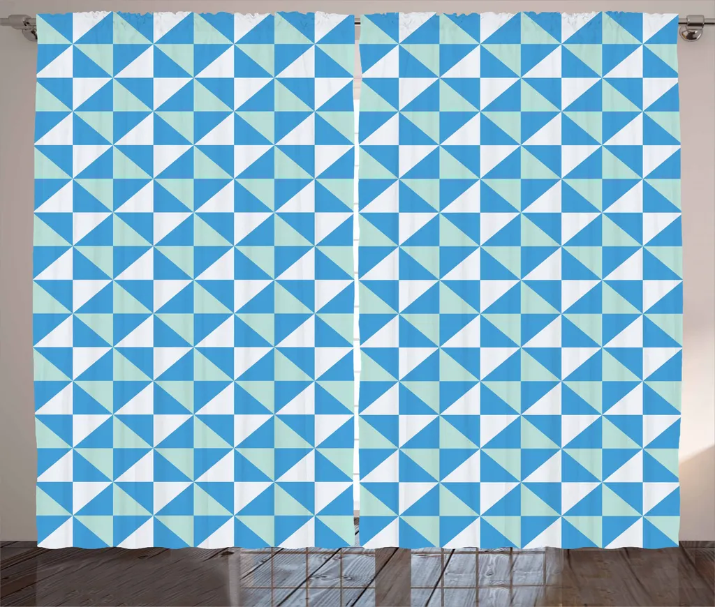 ABAKUHAUS Tenda geometrica rustica, motivi a triangoli, tenda universale per soggiorno con passanti e ganci, 280 x 245 cm, blu, azzurro, bianco