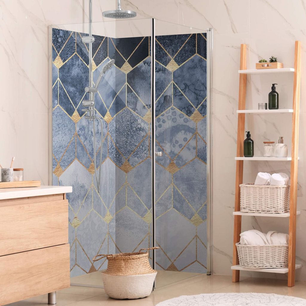 Duschrückwand Muster selbstklebend - 0.61 mm Wandpaneel wasserfest Geometrisch gold Aquarell Abstrakt Badrückwand fugenlos Premium matt 80x210 cm