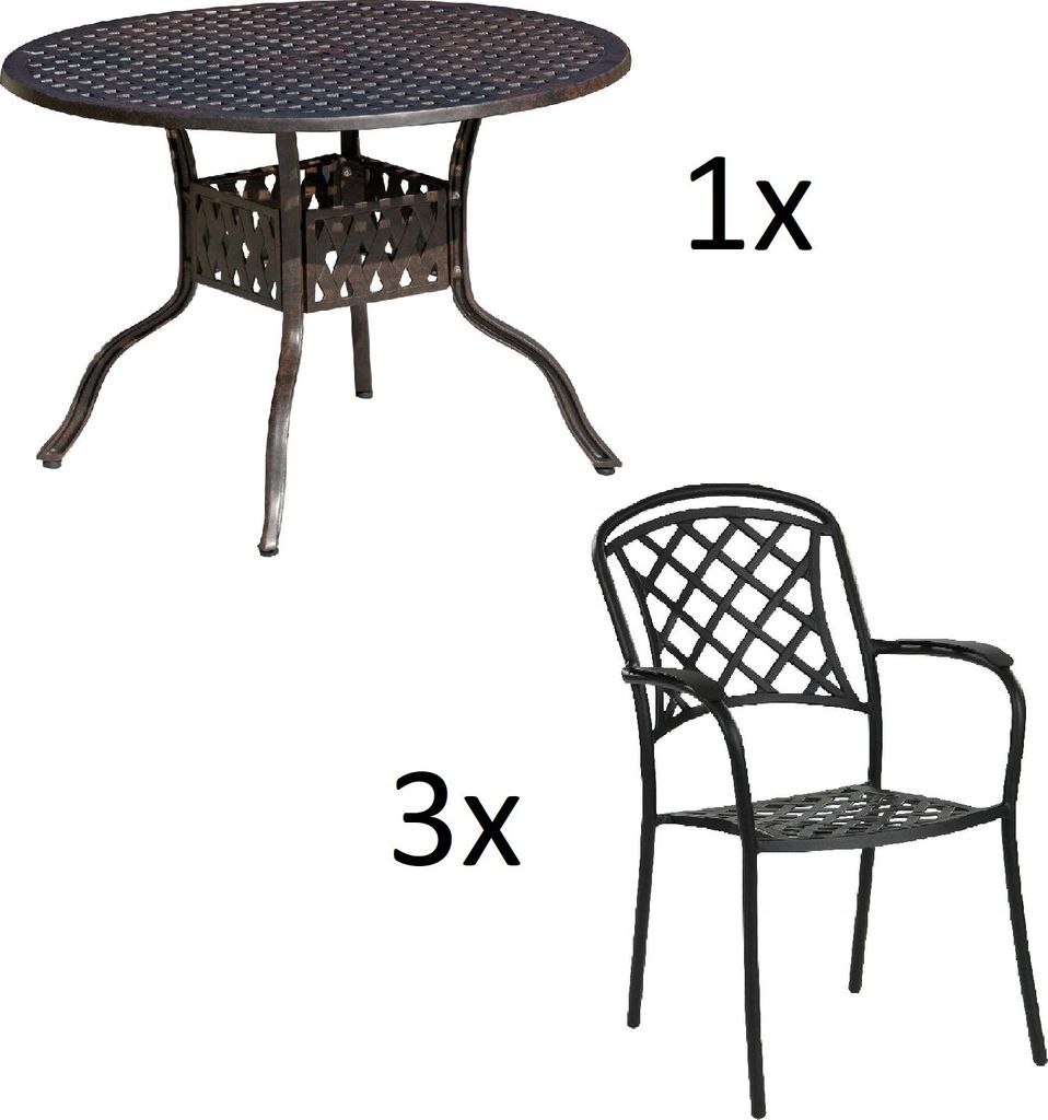 Inko 4-teilige Sitzgruppe Aluminium Guss bronze Tisch Ø 106 cm mit 3 Sesseln