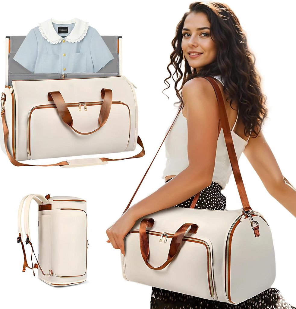 Damen Reisetasche - Weekender Duffel - Faltbar - Erweiterbar - Große Kapazität - Handgepäck - Kunstleder - Beige