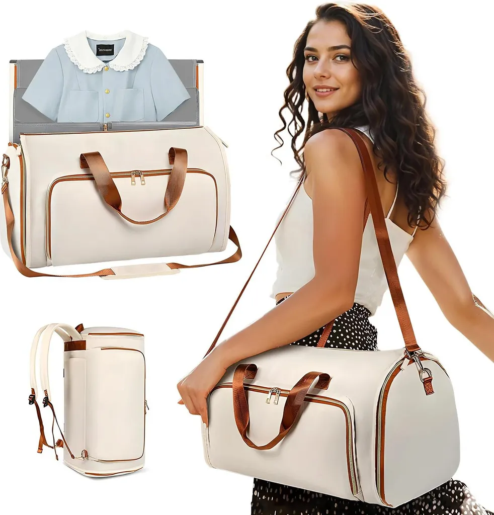Sac de voyage femme pliable en simili cuir beige - Format week-end