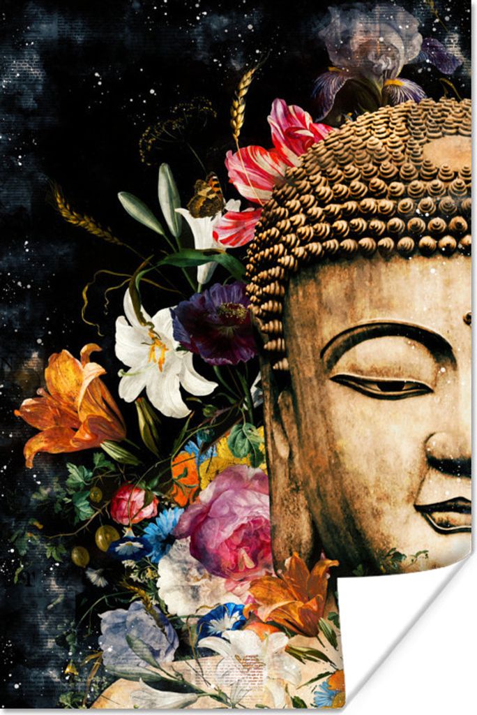 MuchoWow Poster Buddha - Blumen - Statue 120x180 cm - Kunstposter