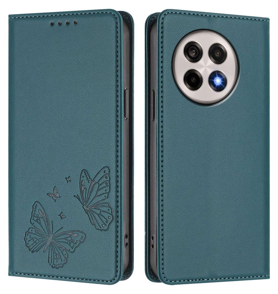 Lederhülle für OnePlus 13R, Schmetterling Prägung Leder Brieftasche Schutzhülle mit Ständer Grün