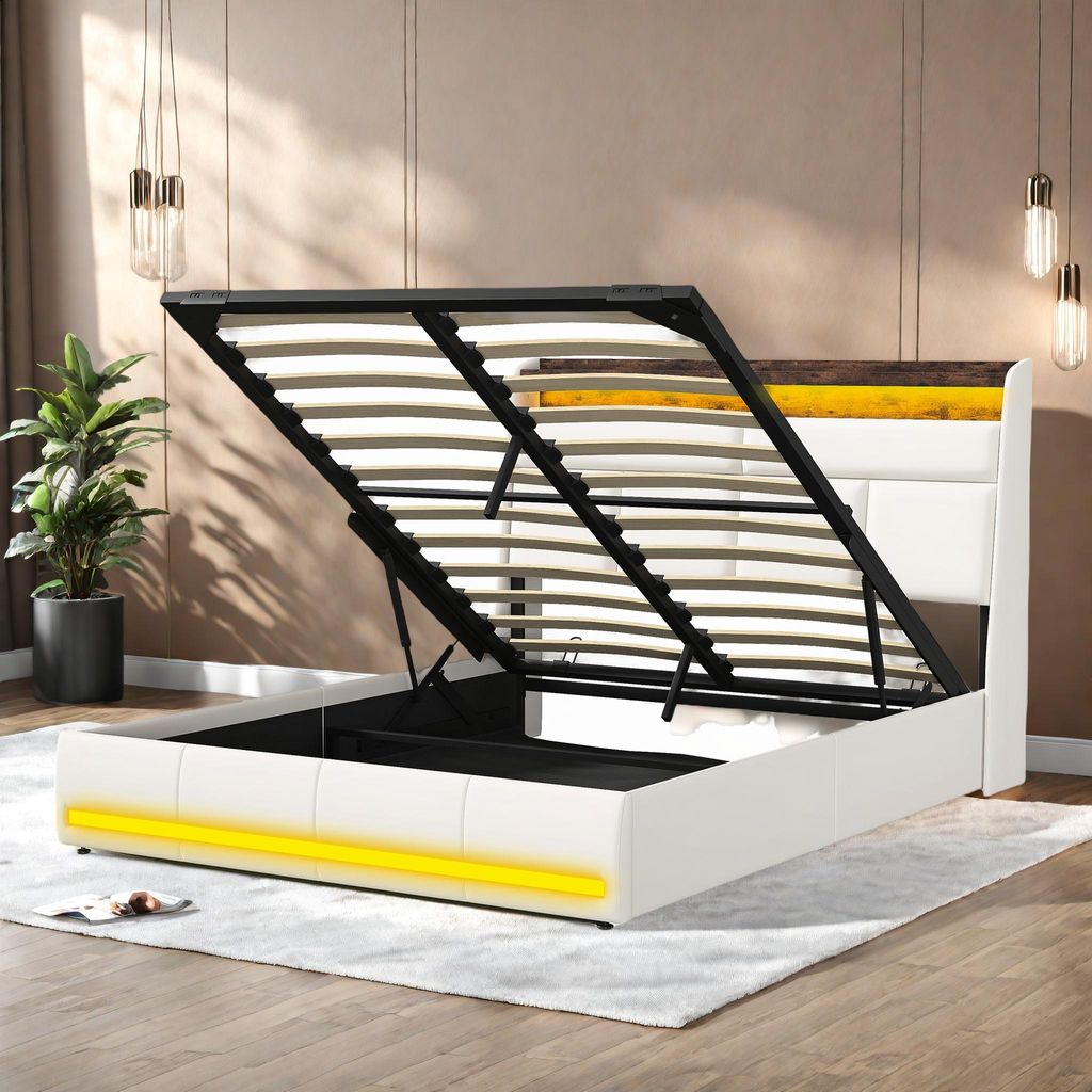 Fortuna Lai Polsterbett 140x200 cm, LED, USB, Stauraum, Lattenrost, Jugendbett aus Kunstleder, Weiß