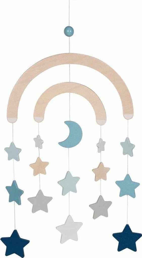 Mobile bébé lune et étoiles bleu clair en bois naturel pour berceau