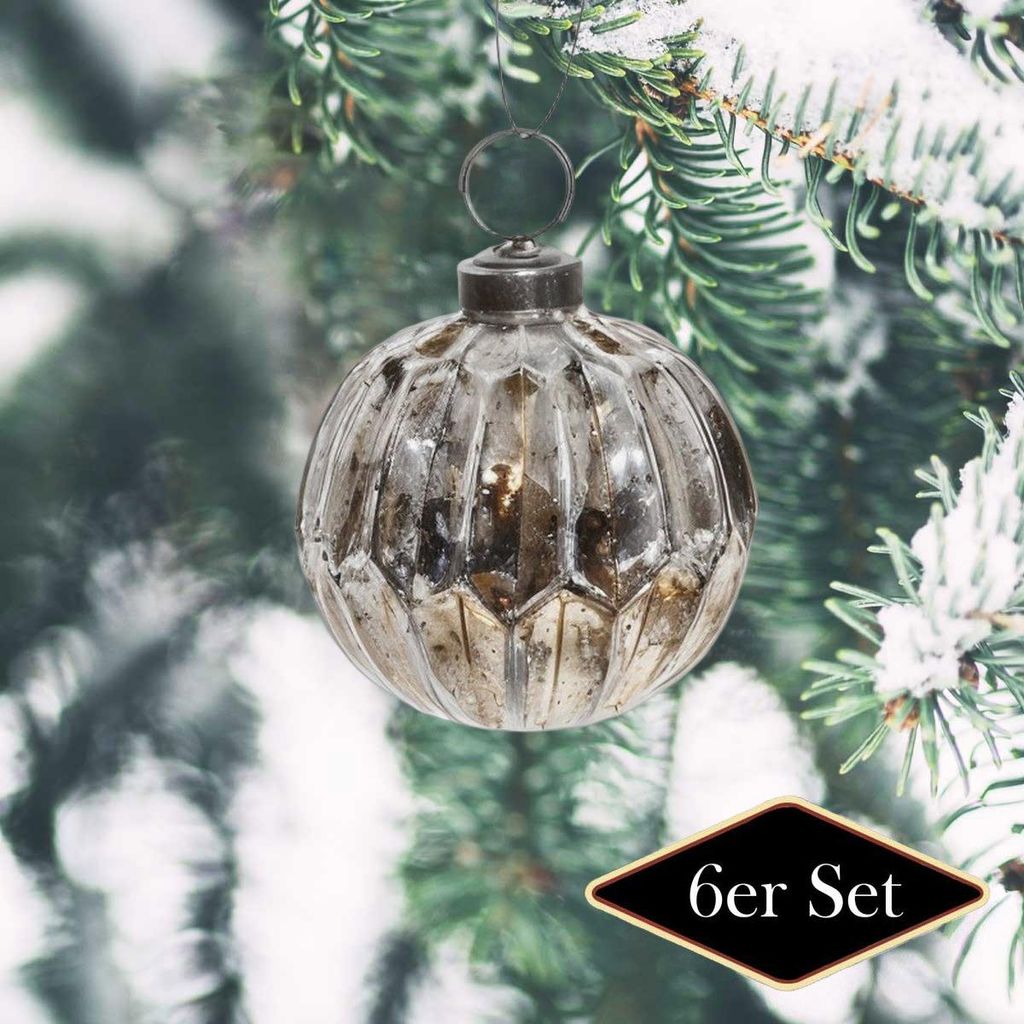Premium Weihnachtskugel aus Glas, geriffelt silbern patiniert, 6er Set, Ø8 cm