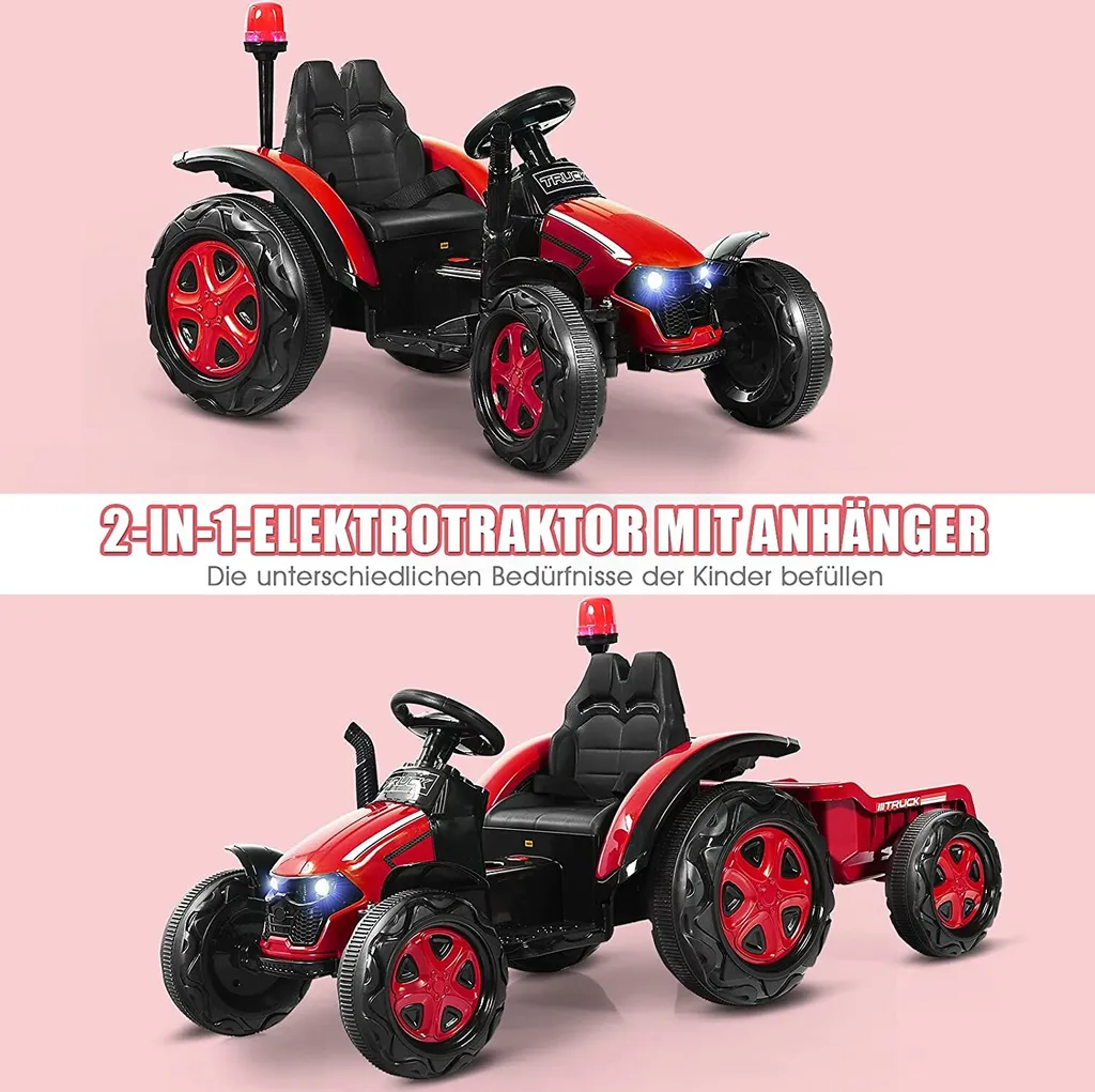 COSTWAY Tracteur Électrique 12V avec Remorque et Télécommande - Rouge