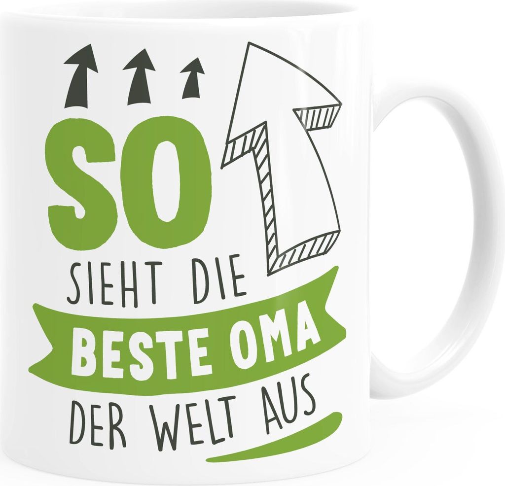 Kaffee-Tasse Geschenk Spruch so sieht die/der beste Oma/Opa/Mama/Papa der Welt aus Pfeil Geschenkidee Eltern Großeltern Moonworks Beste Oma weis...