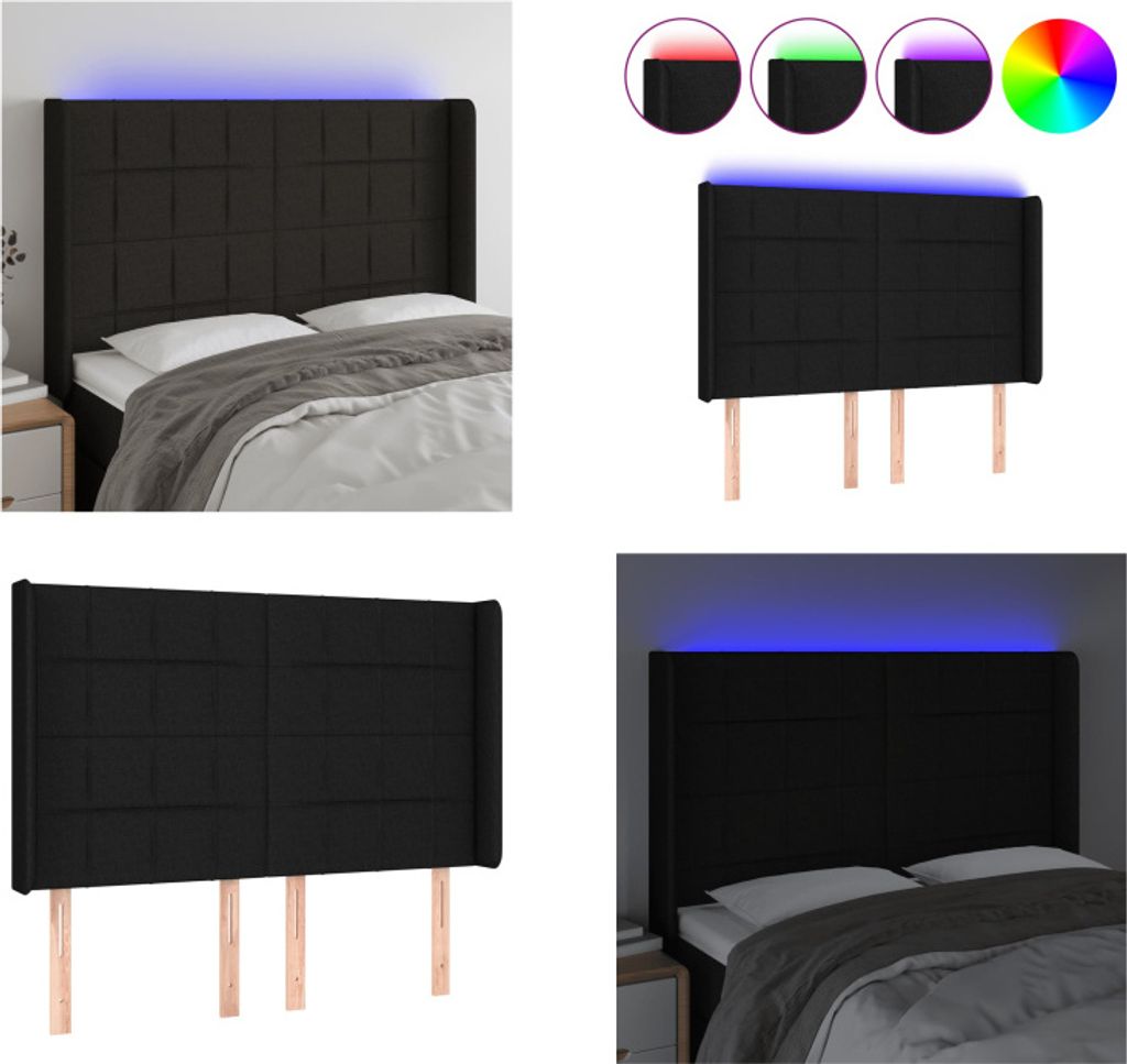 vidaXL LED Kopfteil Schwarz 147x16x118/128 cm Stoff - LED Produktbild 