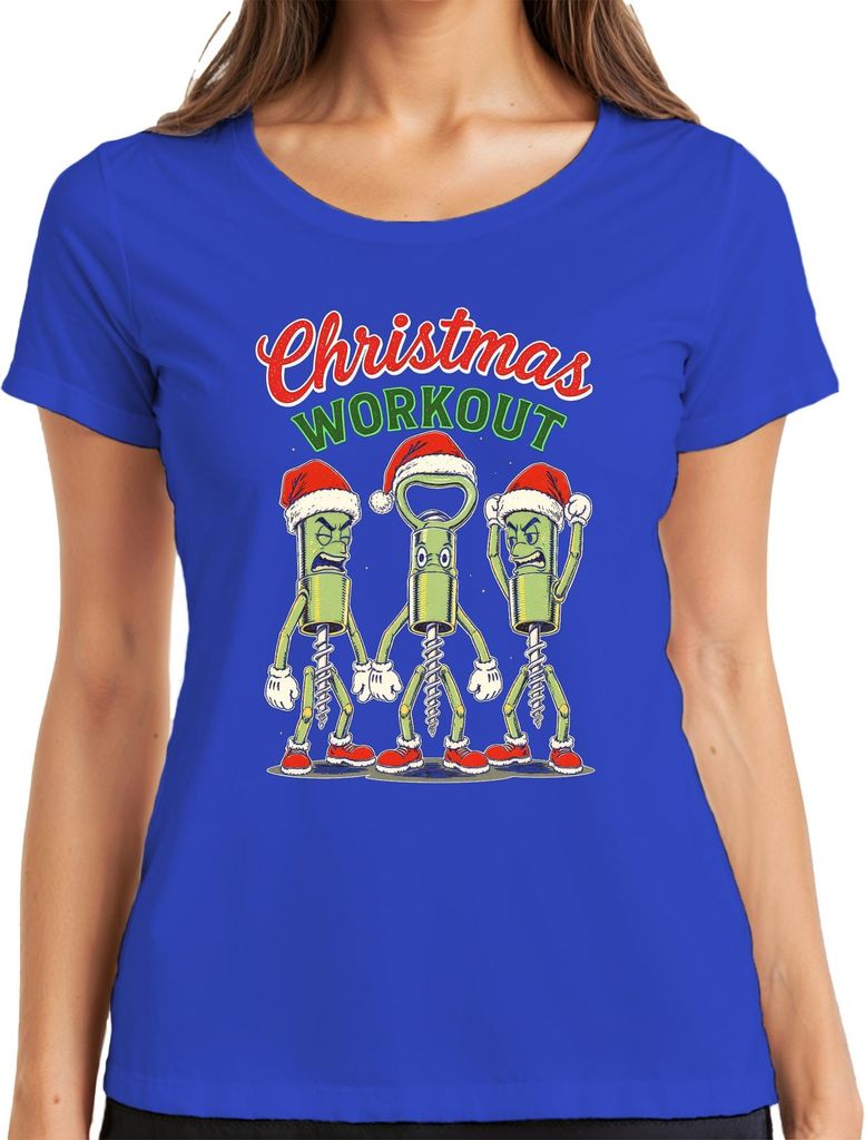 Christmas Workout Korkenzieher Flaschenöffner Wein Weihnachten Damen T-Shirt, Blau, L