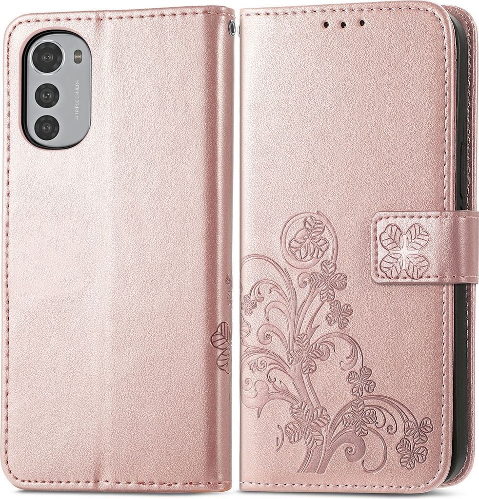 Mobigear Clover Motorola Moto E32 Hülle Klapphülle Geldbörse - Roségold