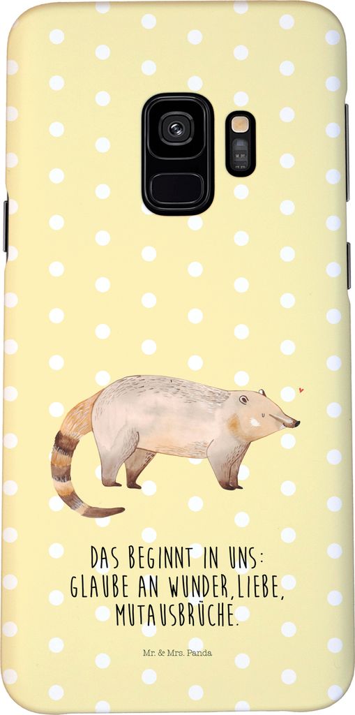 Mr. & Mrs. Panda Samsung Galaxy S9 Handyhülle Nasenbär - Gelb Pastell - Geschenk, Smartphone Hülle, Bär, Rüsselbär, Cover, Lustige Sprüche, ...