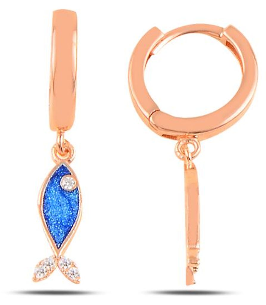 925 Silber Fisch Ohrringe Rosegold – Damen Creolen mit blauer Emaille & Zirkonia