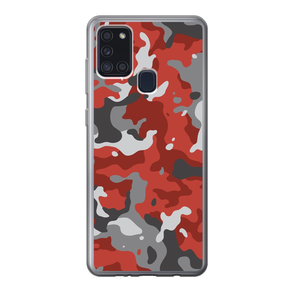 MuchoWow Handyhülle Schutzhülle Hülle für Samsung Galaxy A21s Rot mit grauem Camouflage-Muster Silikon Softcase Handy Hülle - Hartschale