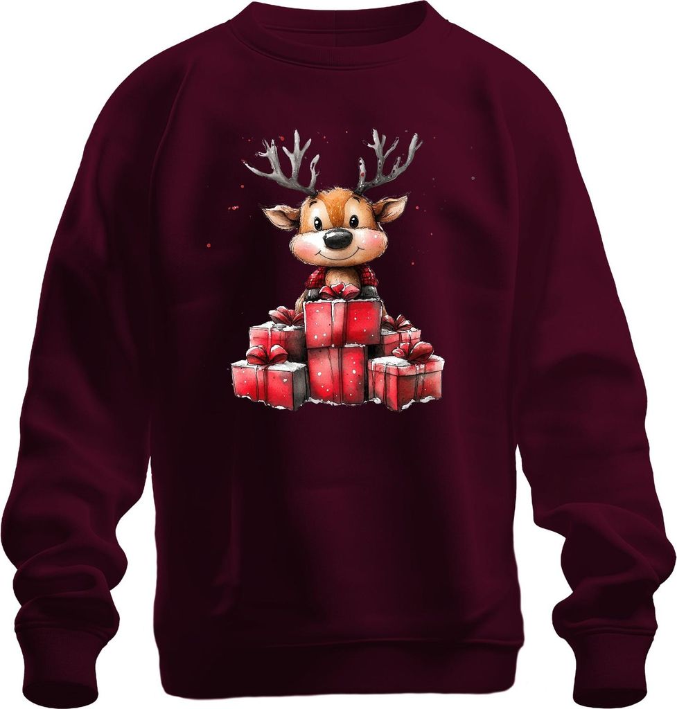 Weihnachten Rentier mit Geschenken niedlich Aquarell Kinder Uni Sweatshirt Pullover, Burgundy, XL