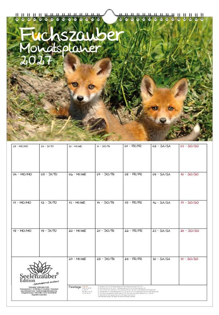Fuchszauber Planer DIN A3 Kalender für 2027 Fuchs und Füchse - Geschenkset Inhalt: 1x Kalender 1x Weihnachtsanhänger 1x Grußanhänger (gesamt 3...