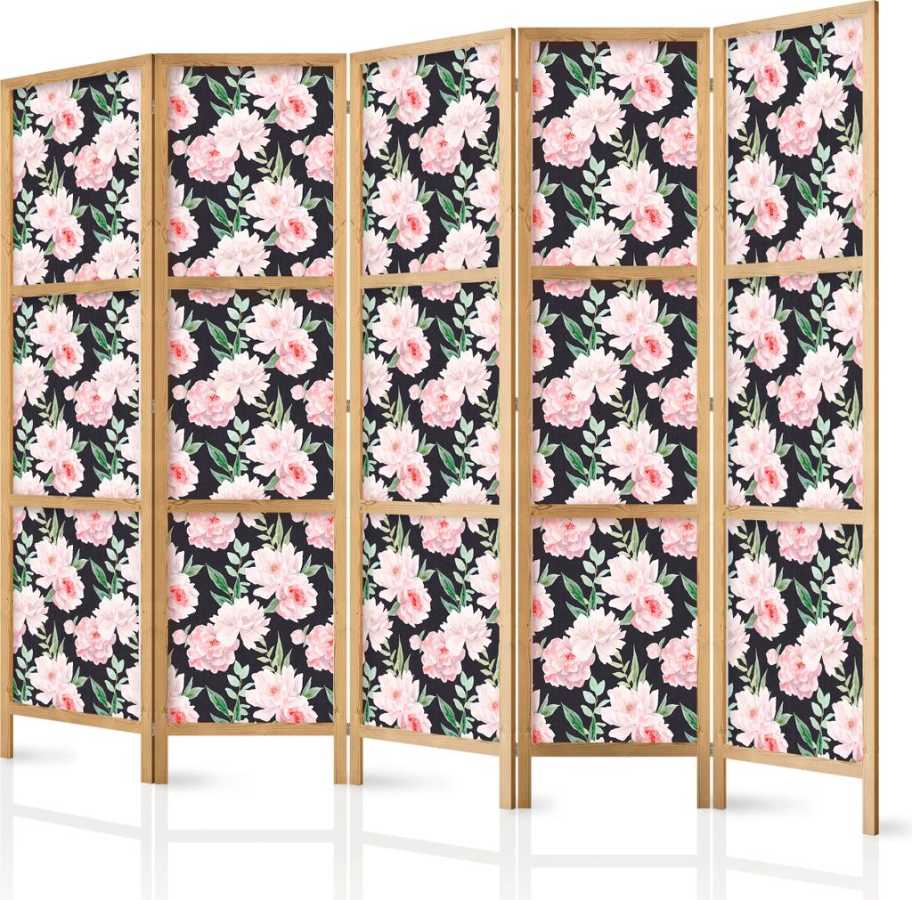 5-teiliger Einseitiger Vlies Japanischer Paravent - Peonies - Pink Flowers and Green Leaves on a Graphite Background 225x172 cm Blumen b-B-10449-bh-b