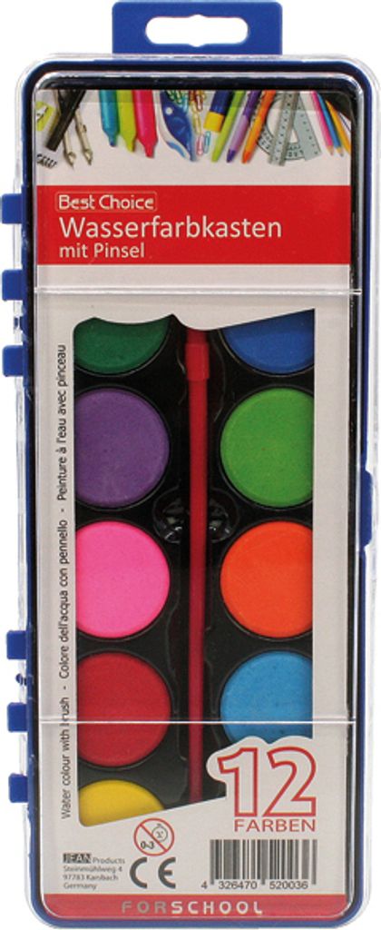 Boîte d'aquarelle 12 couleurs XL et pinceaux 21x8cm Image du produit 