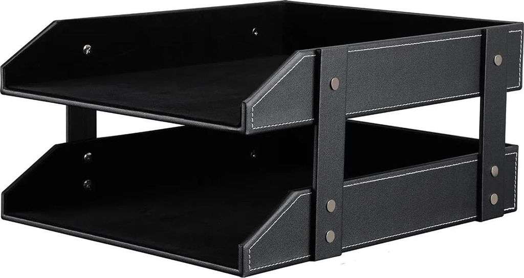 Schwarzer Dokumentenständer, A4 Büro Organizer, 2-lagig Schreibtisch-Organizer, Kunstleder Büro Aktenhalter
