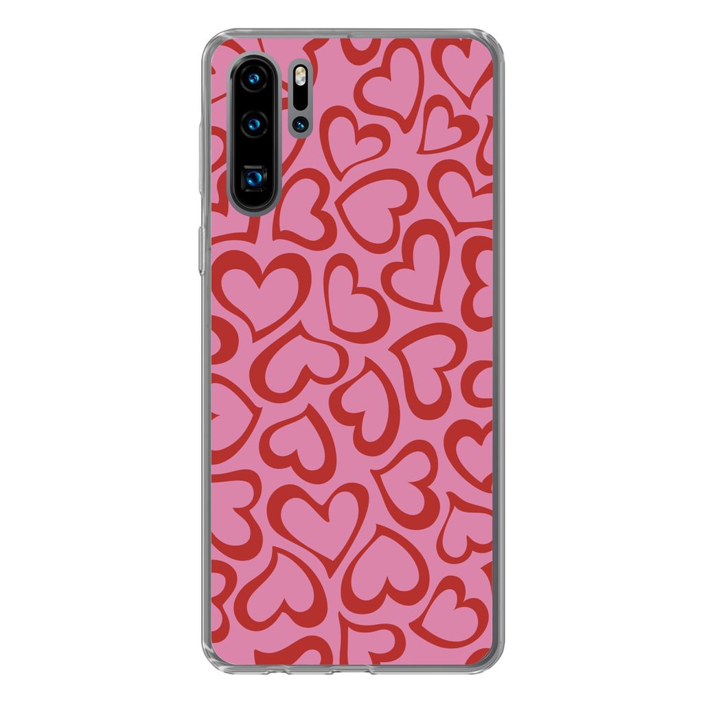 MuchoWow Handyhülle Schutzhülle Hülle für Huawei P30 Pro Eine Illustration der Tapete mit roten Herzen Silikon Softcase Handy Hülle - Schutz...