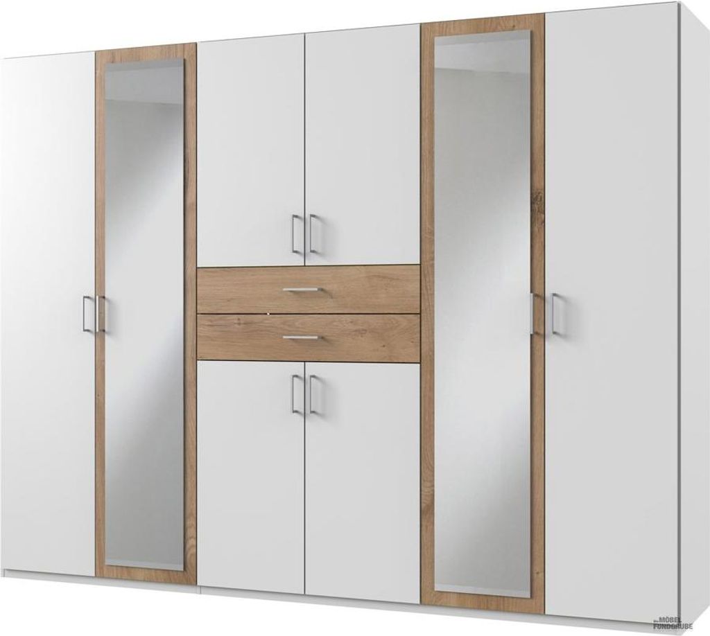 A white wardrobe with wood accents and mirrors.