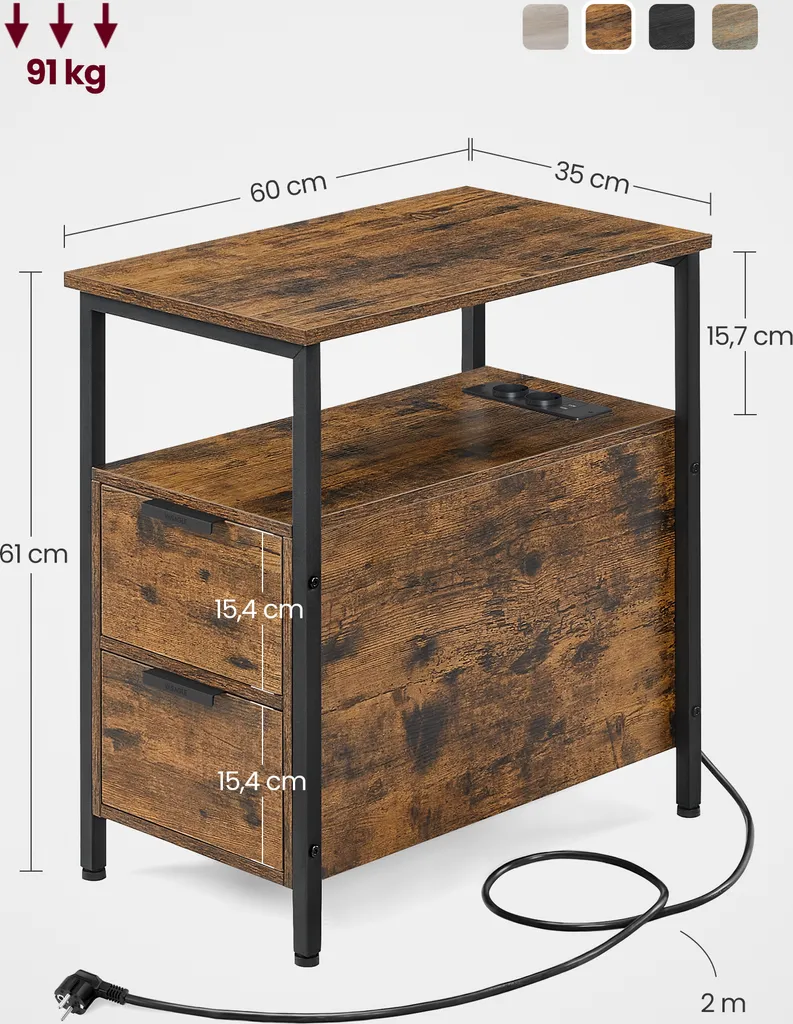 Petite Table d'Appoint avec Prises USB et 2 Tiroirs de Rangement Fermés - 3