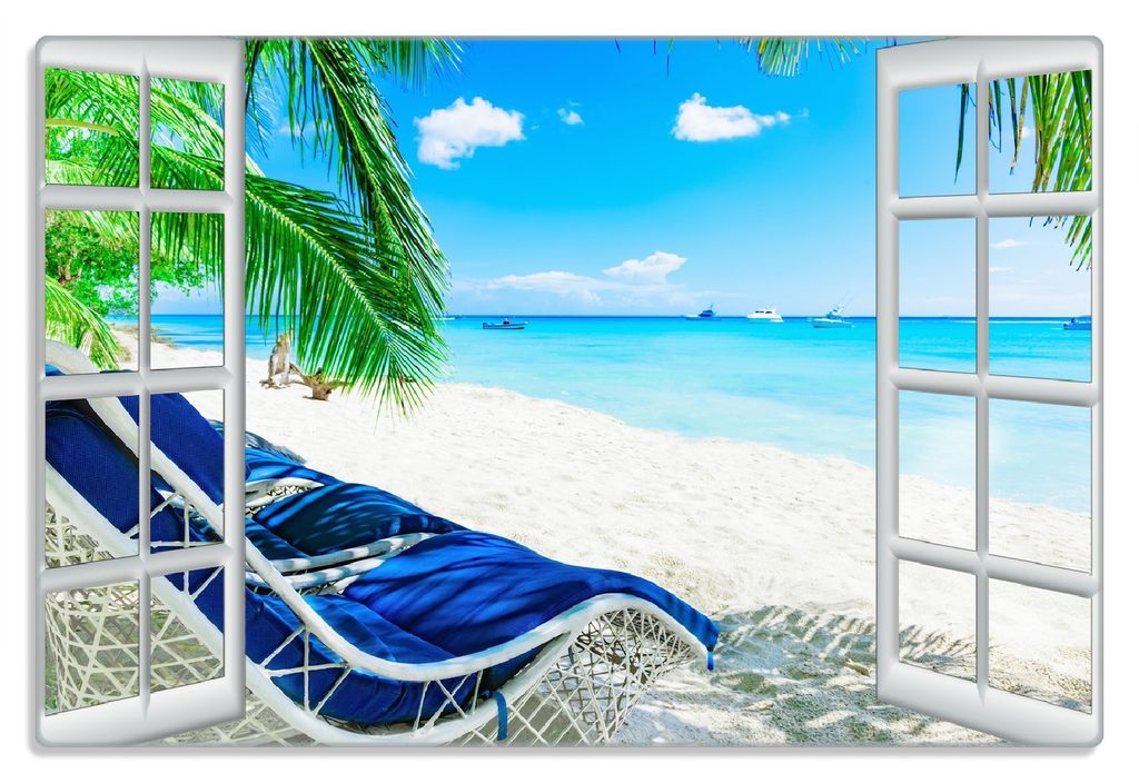 Wallario Frühstücksbrettchen aus Glas 20 x 30 cm mit rutschfesten Füßen, Motiv Blick durch ein Fenster auf den Strand