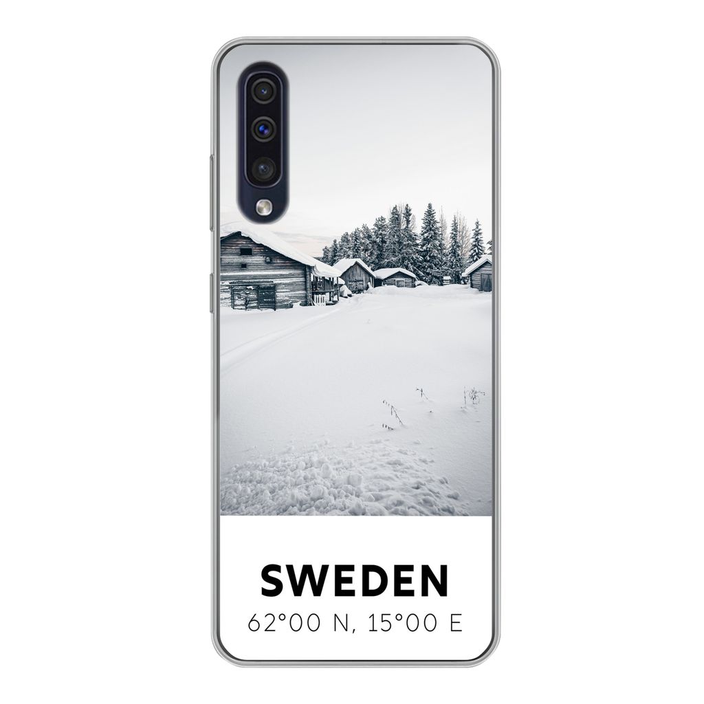 MuchoWow Handyhülle Schutzhülle Hülle für Samsung Galaxy A30s Schweden - Schnee - Bäume Silikon Softcase Handy Hülle - Karteninhaber