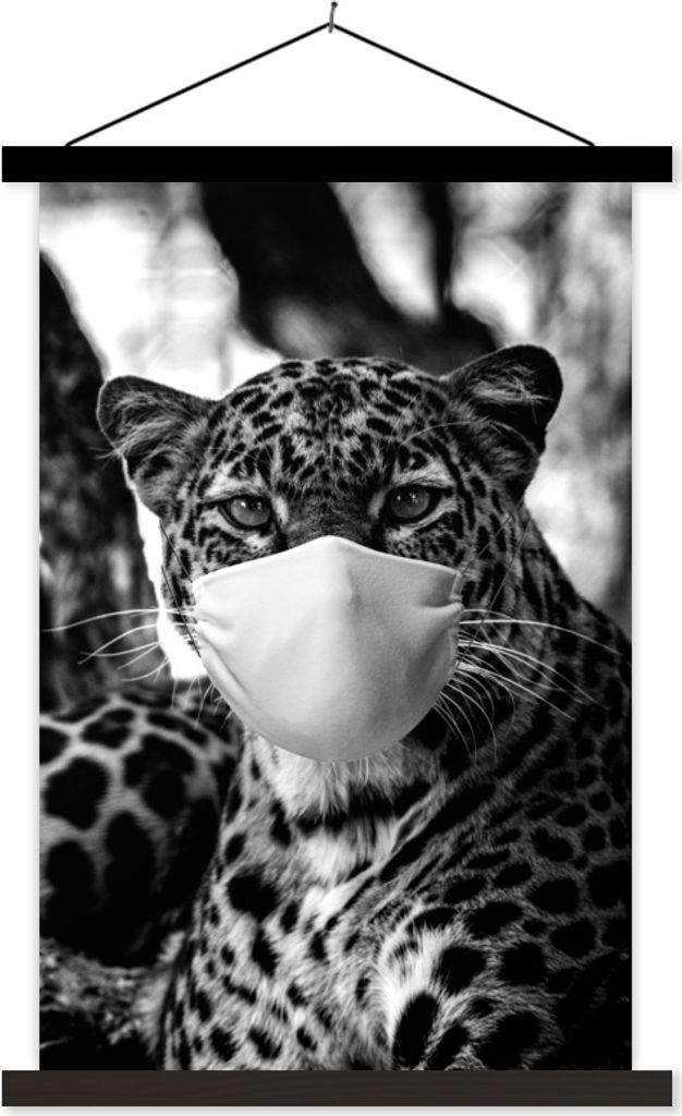 MuchoWow Textilposter Gepard mit blauem Mund und strahlend blauen Augen - schwarz-weiß 40x60 cm mit schwarzem Rahmen - Wanddekorationen