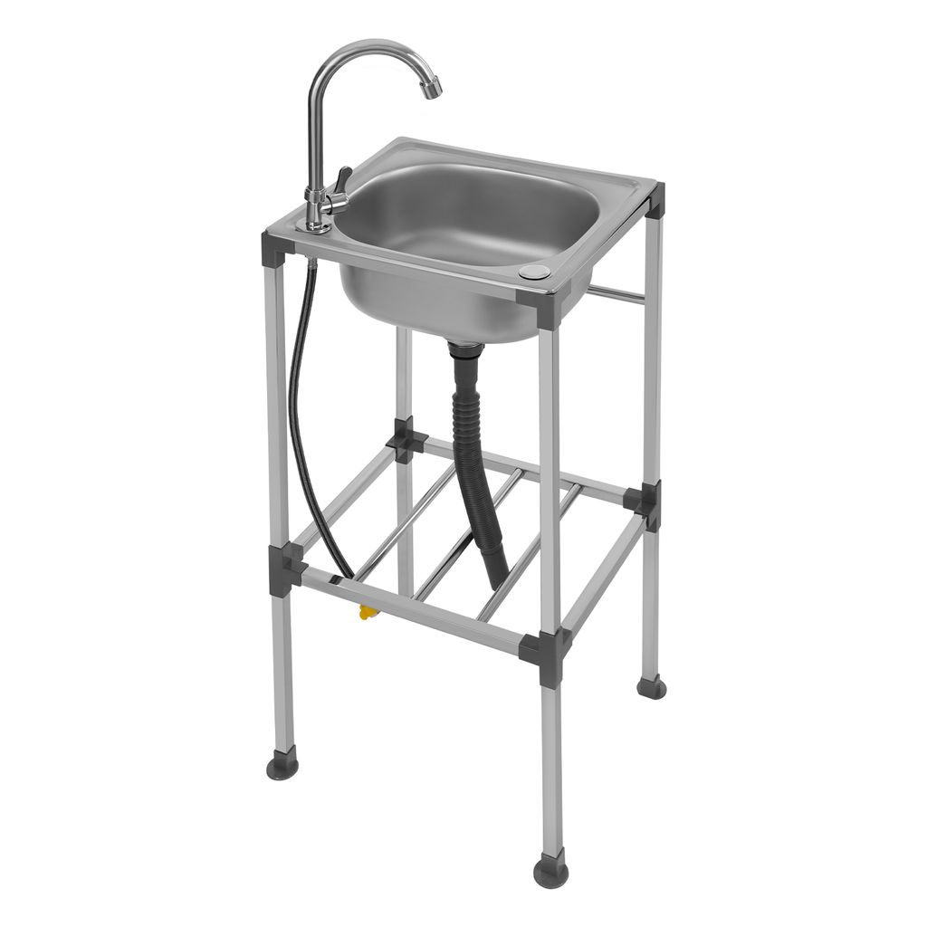 A freestanding stainless steel sink with a faucet and drain hose, shown against a white background.