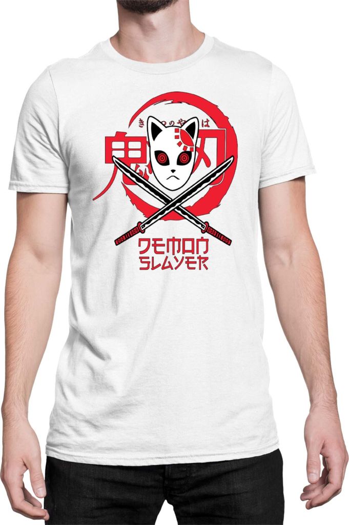 Herren T-Shirt Demon Anime Slayer Kimetsu No Yaiba Mask 001, Man XL / Weiß